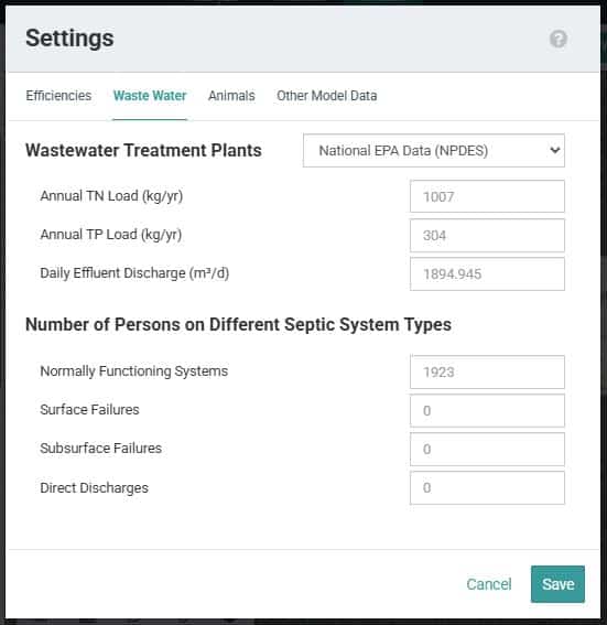 Fig. 6: Shows the Waste Water tab within the Settings window that is accessed from the Settings button after an initial model run using the Watershed Multi-Year Model.
