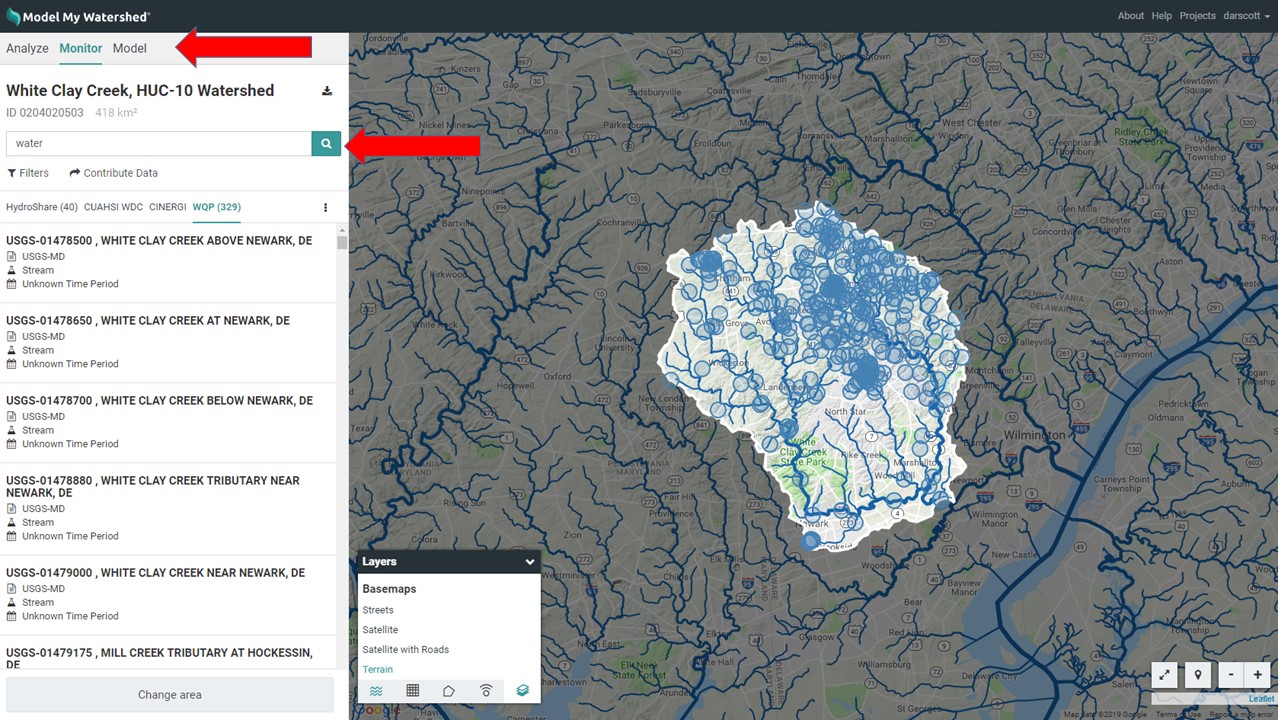 The new “Monitor” feature within Model My Watershed allows any user to search multiple data catalogs/repositories for related datasets.