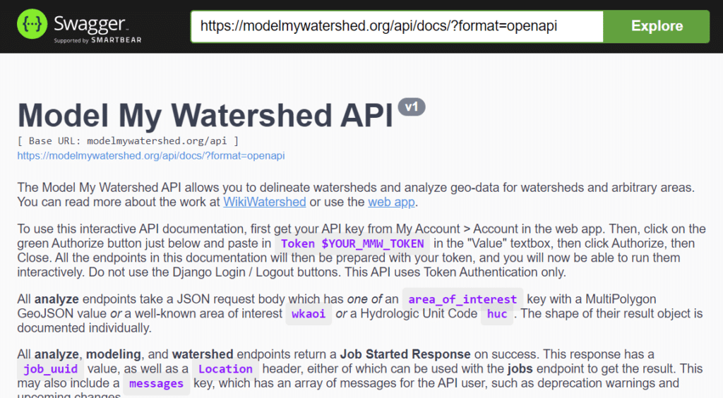 Screenshot of the Model My Watershed API homepage