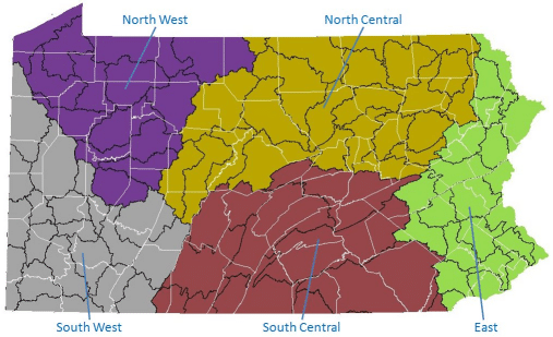Map showing Pennsylvania data regions for the MapShed model